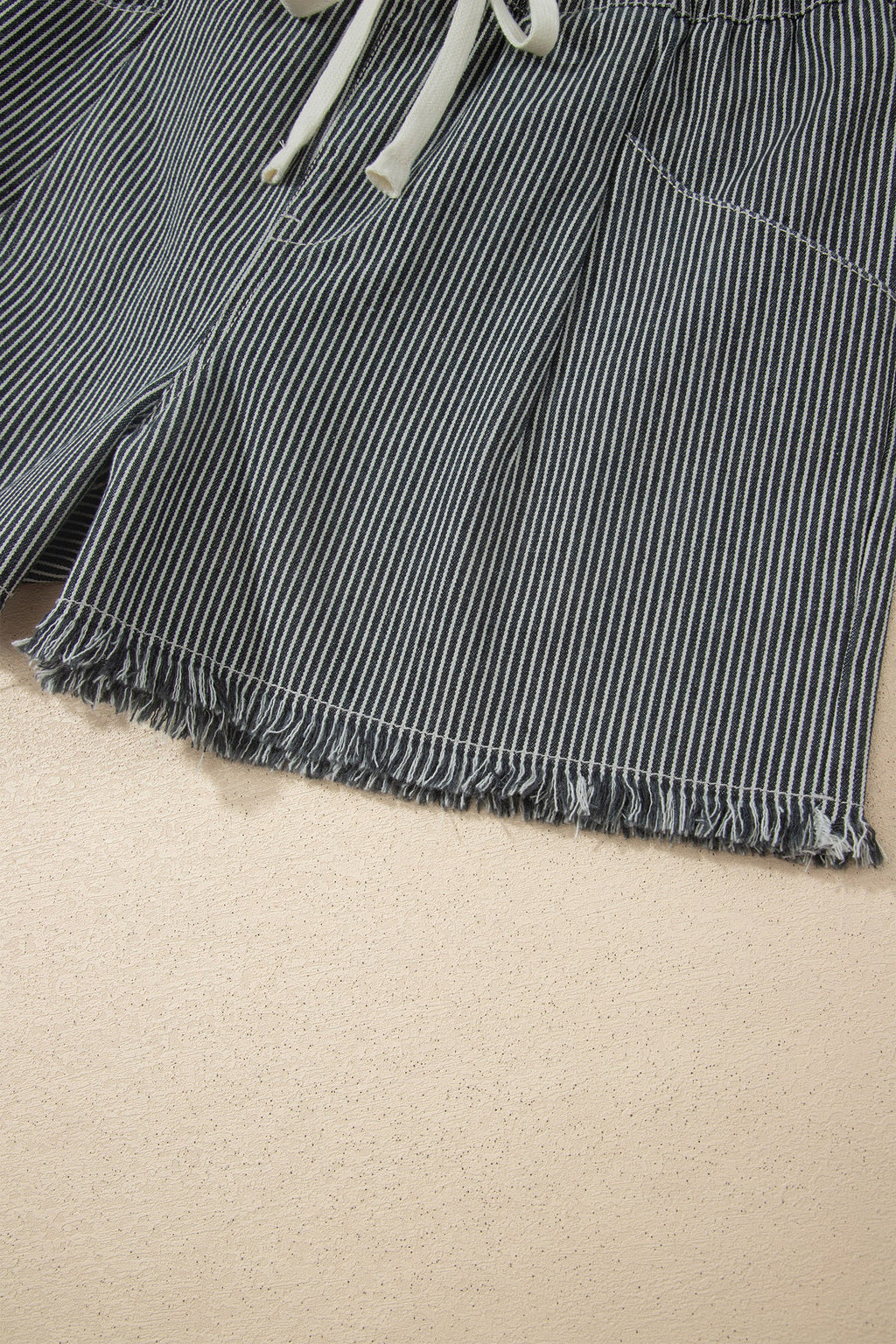 Stripe Denim Raw Edge Drawstring Waist Shorts
