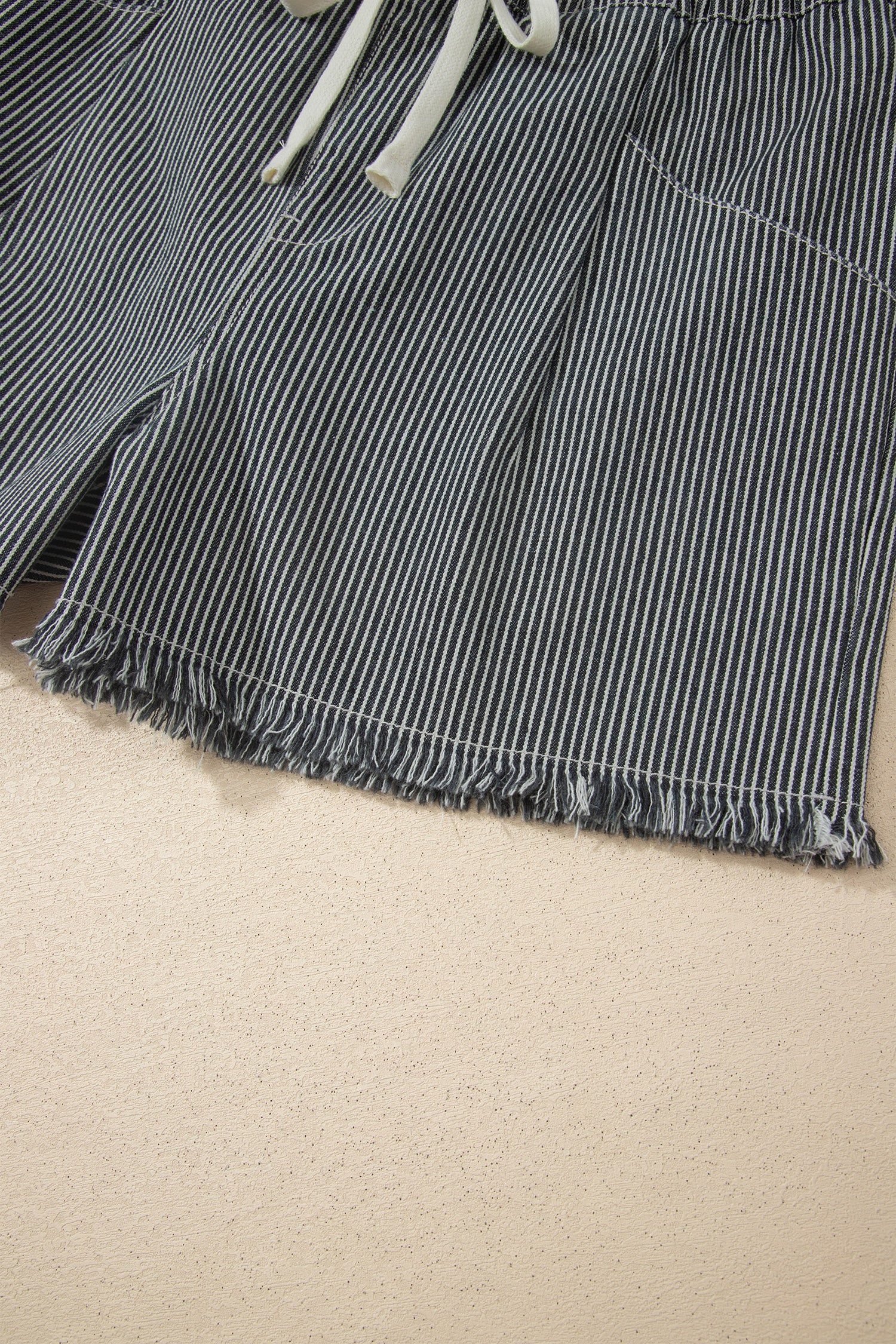 Stripe Denim Raw Edge Drawstring Waist Shorts