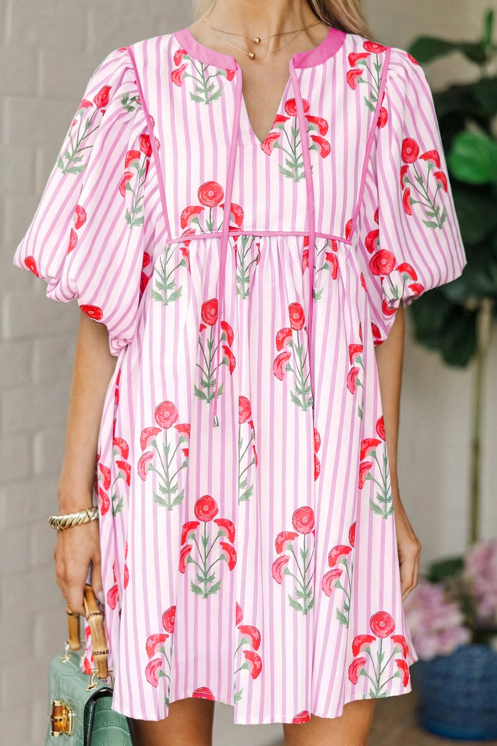 Floral Stripe Tie Neck Puff Sleeve Mini Dress