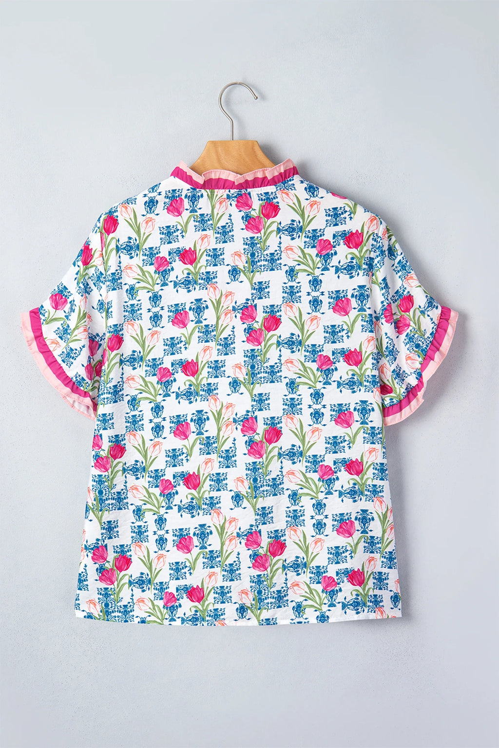 Floral Ruffle V-Neck Short Sleeve Tunic Shirt