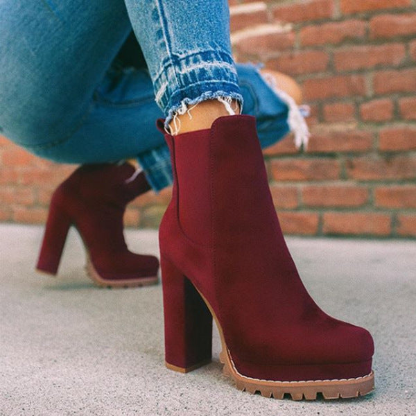 Women's Round-Toe Ankle Boots | Suede Leopard Print Square Thick High Heel by Sarah Express