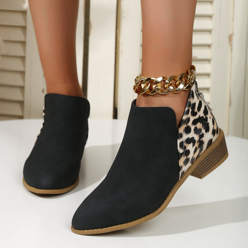 Women's Leopard Print Chunky Heel Boots | Pointed Toe Back Zipper Suede by Sarah Express