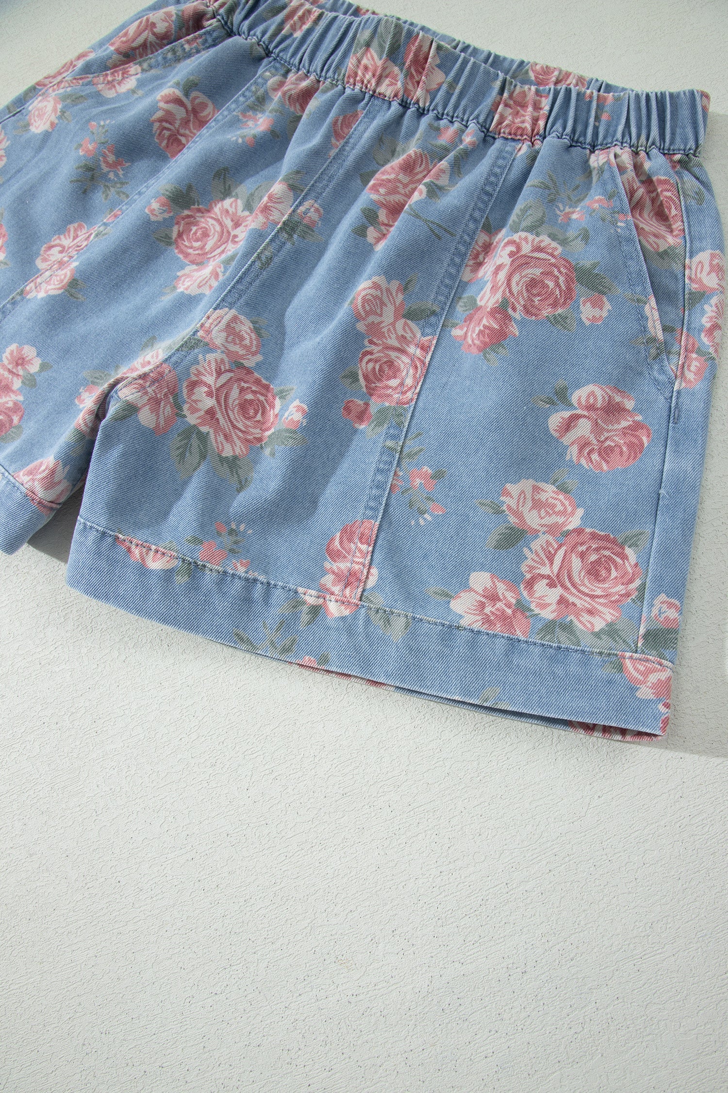 Floral Denim Short Sleeve Top & Loose Shorts Set