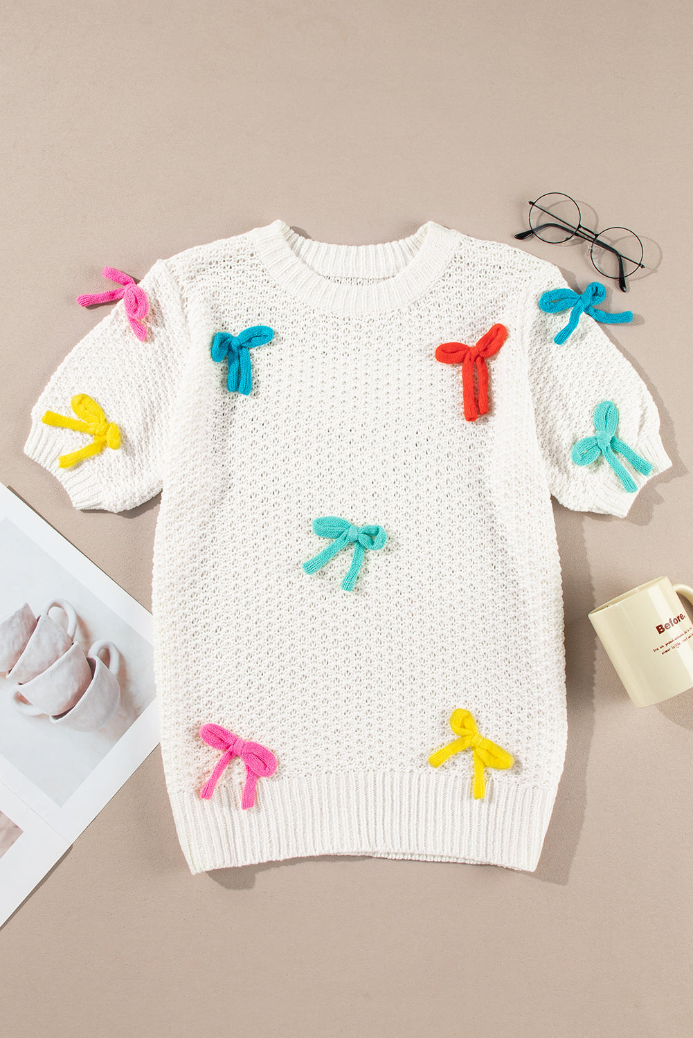 Bow Tie Crewneck Short Sleeve Sweater