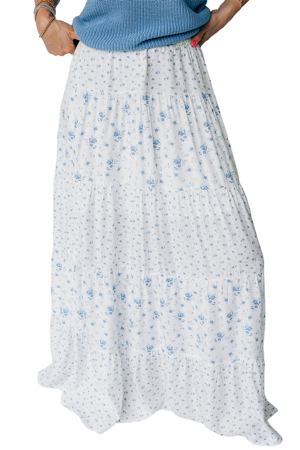Floral Patchwork High Waist Tiered Maxi Skirt
