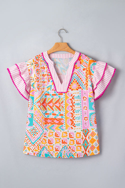Boho Contrast Trim Patchwork Tiered Short Sleeve Blouse