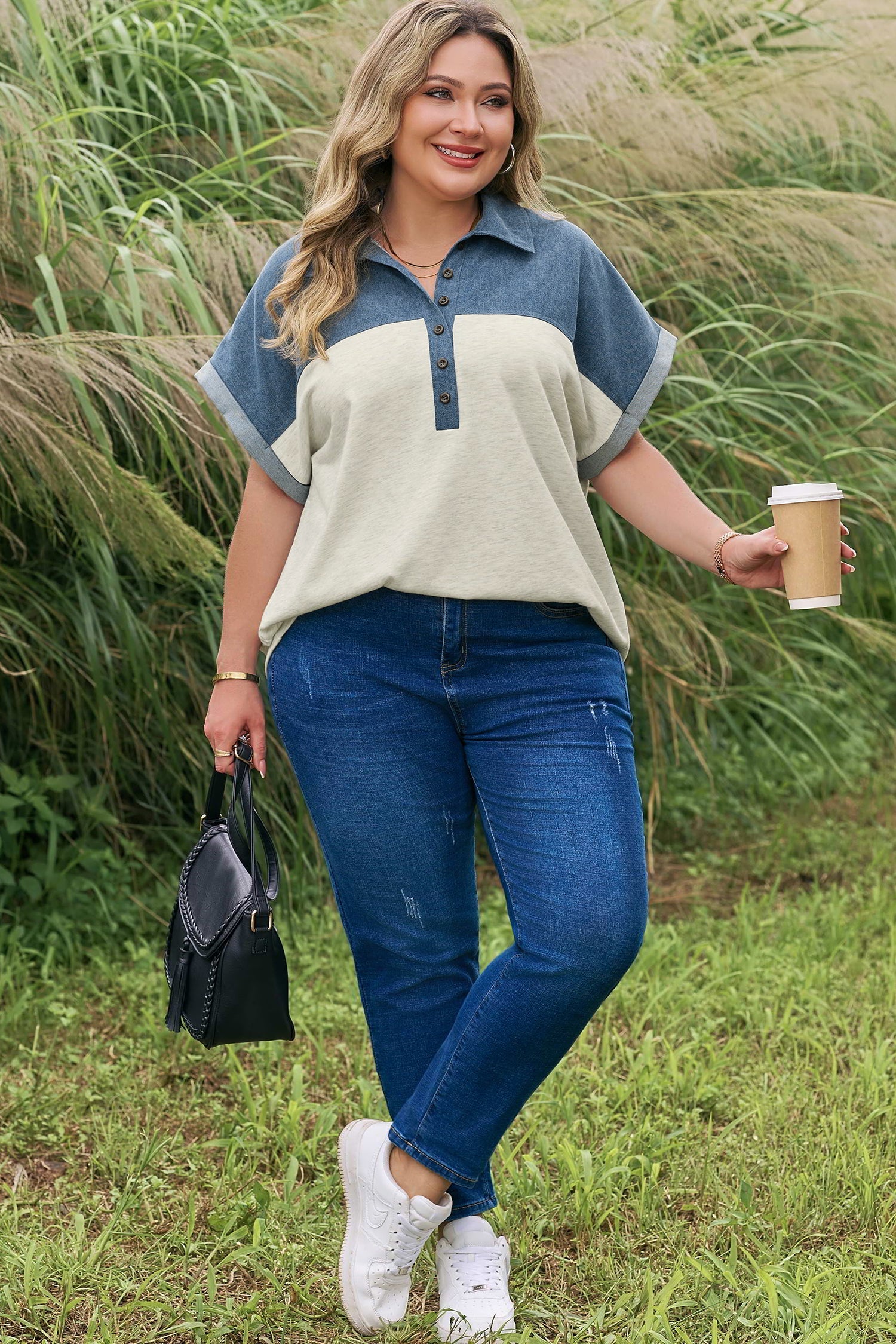 Plus Size Denim Patchwork Half Buttoned Collar Top
