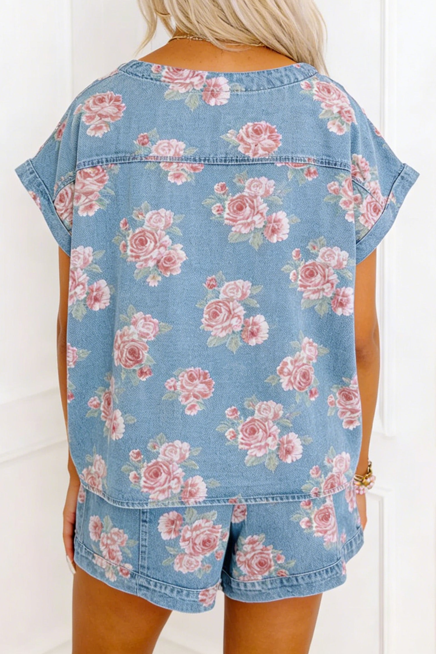 Floral Denim Short Sleeve Top & Loose Shorts Set