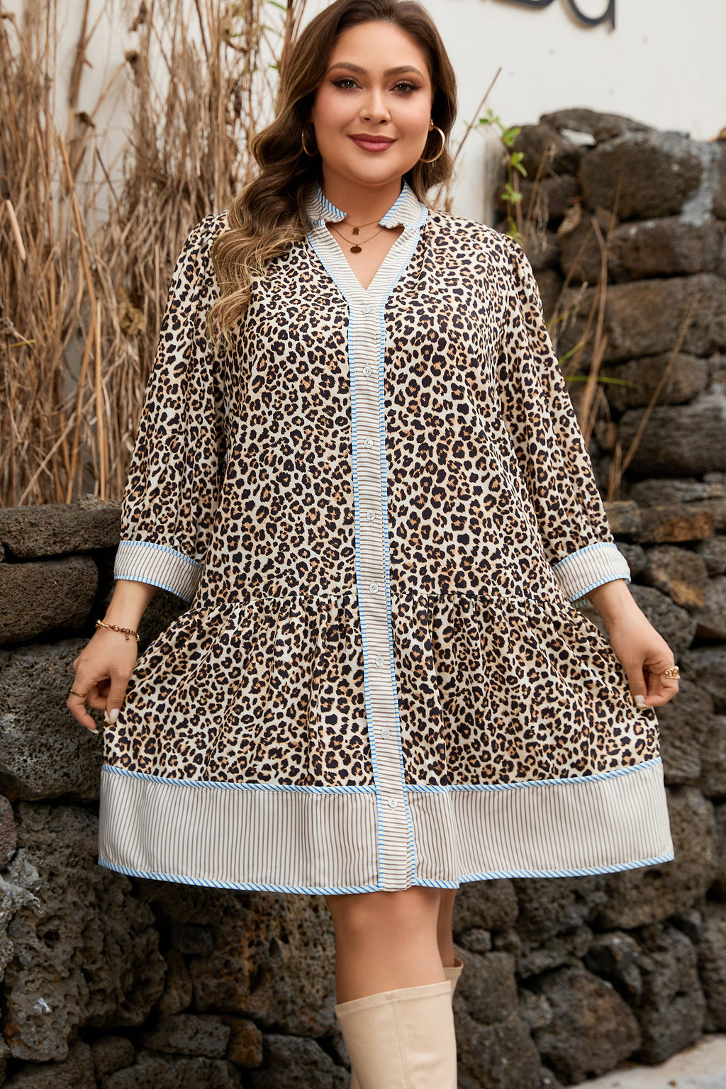 Plus Size Leopard Stripe Trim V-Neck Mini Dress