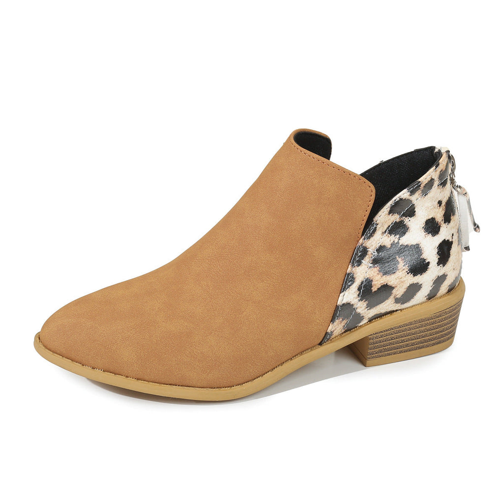 Women's Leopard Print Chunky Heel Boots | Pointed Toe Back Zipper Suede by Sarah Express