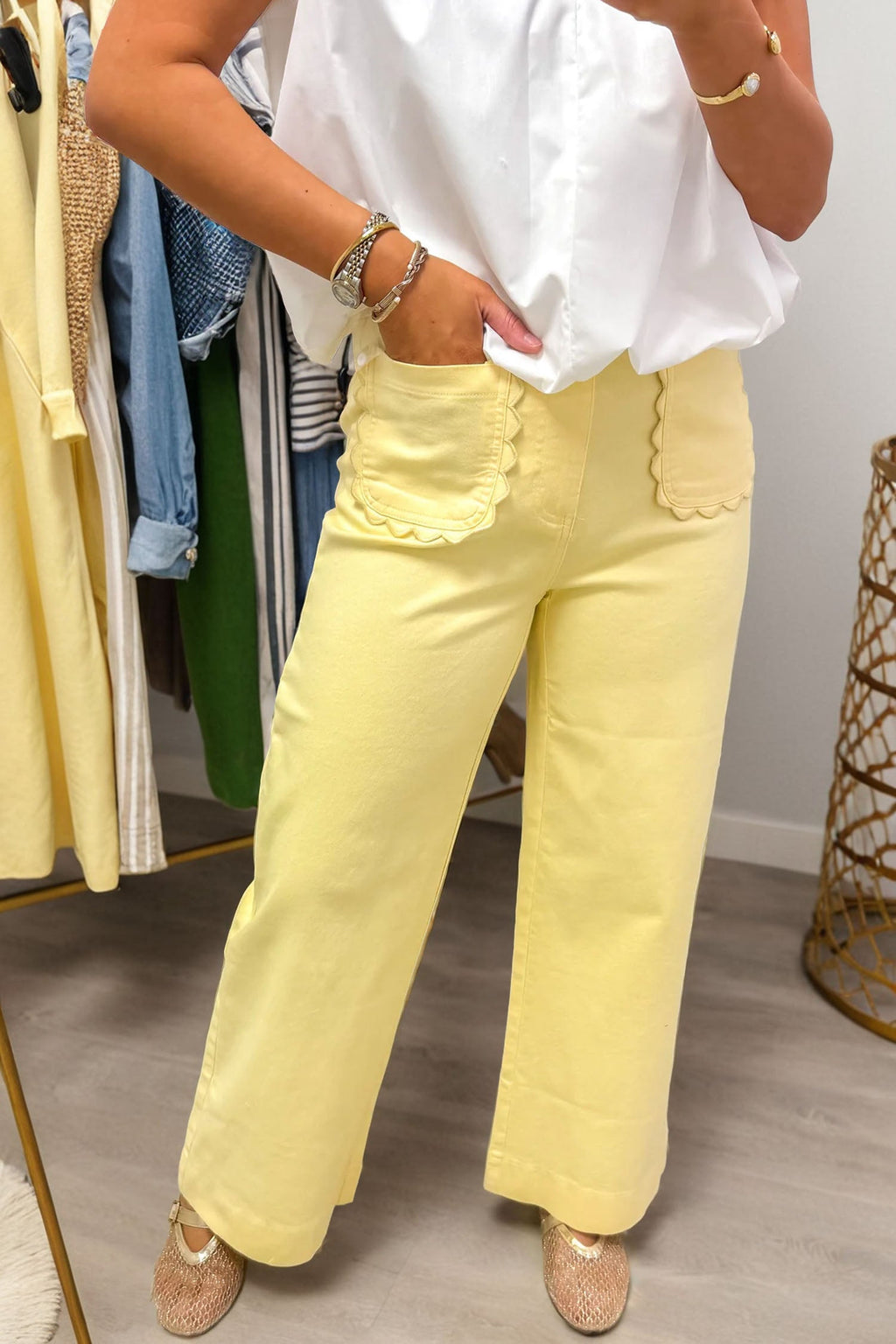 Solid Denim Scalloped Patch Pocket Shift Jeans