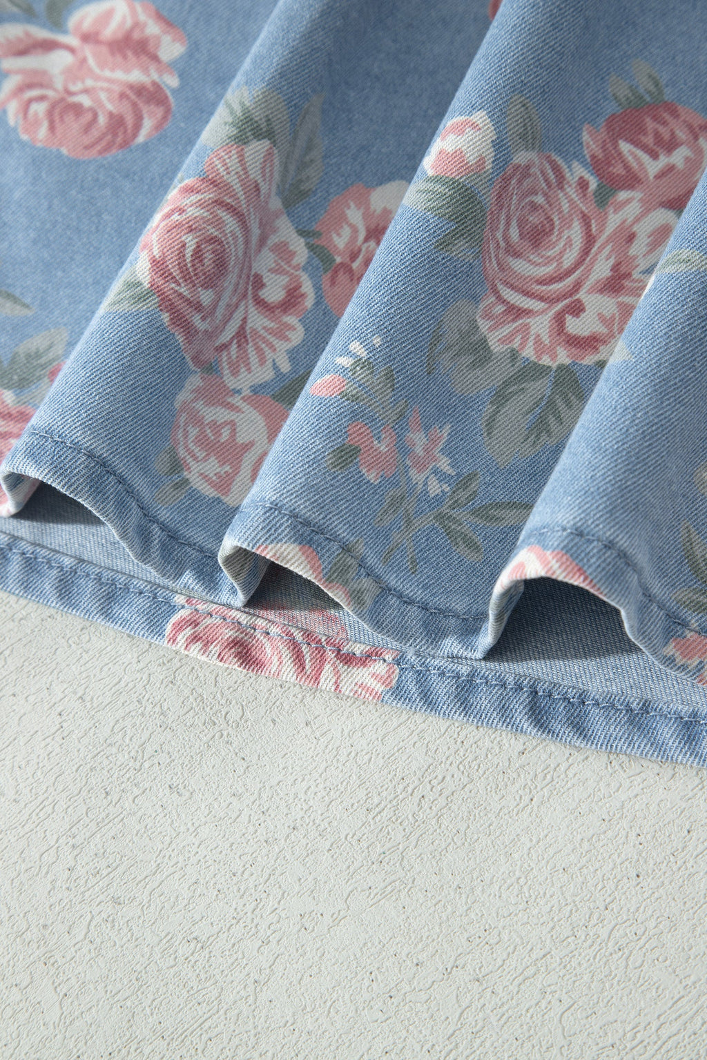 Floral Denim Short Sleeve Top & Loose Shorts Set