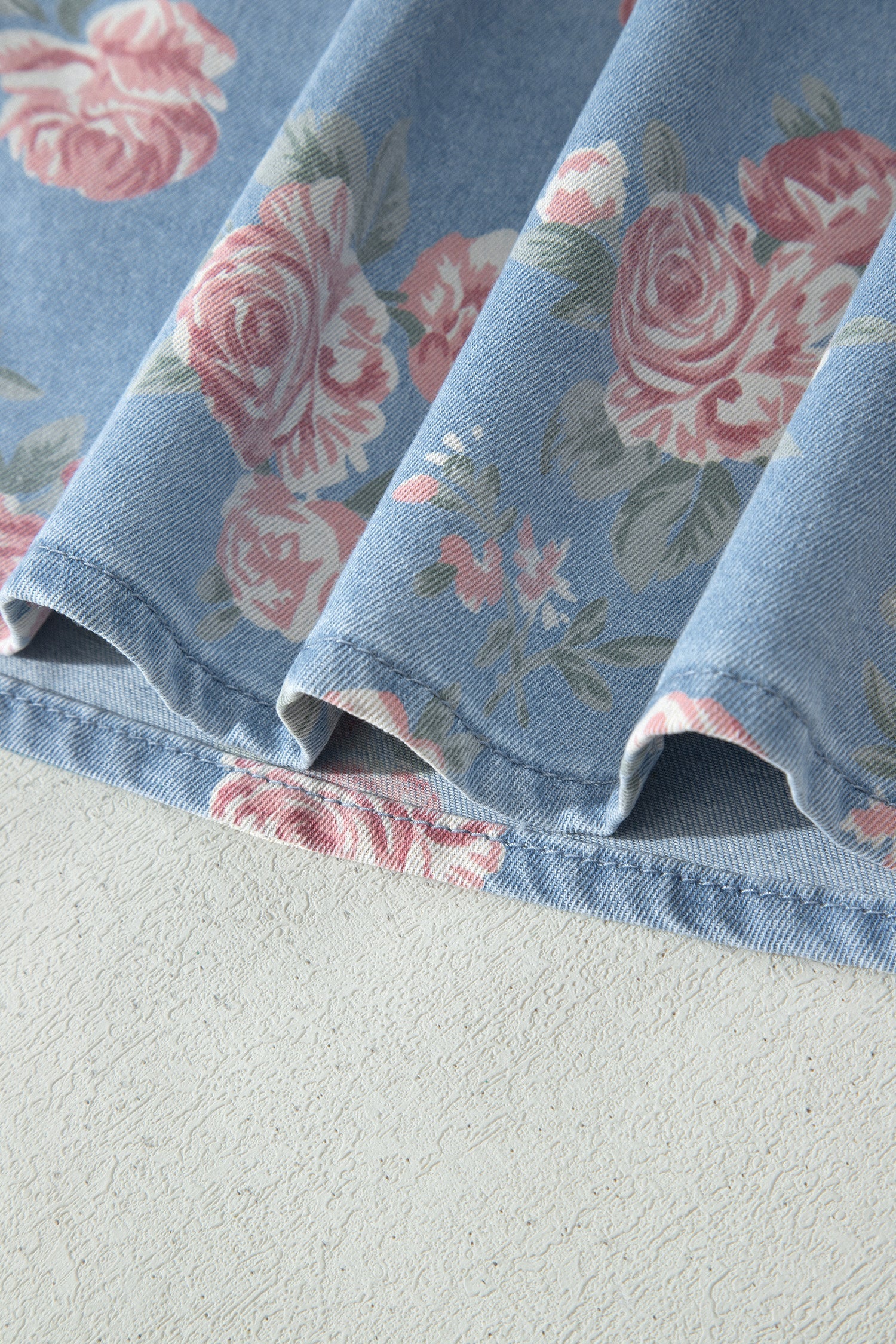 Floral Denim Short Sleeve Top & Loose Shorts Set