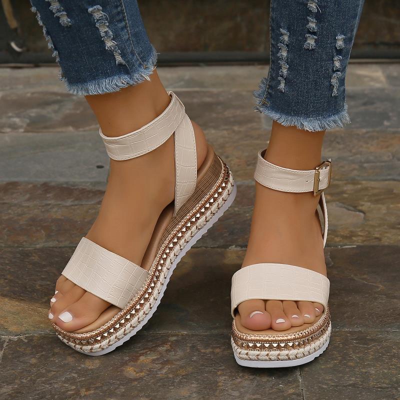 Women's Buckle Strap Hemp Wedge Platform Sandals | Open-Toe Summer Peep-Toe Shoes by Sarah Express