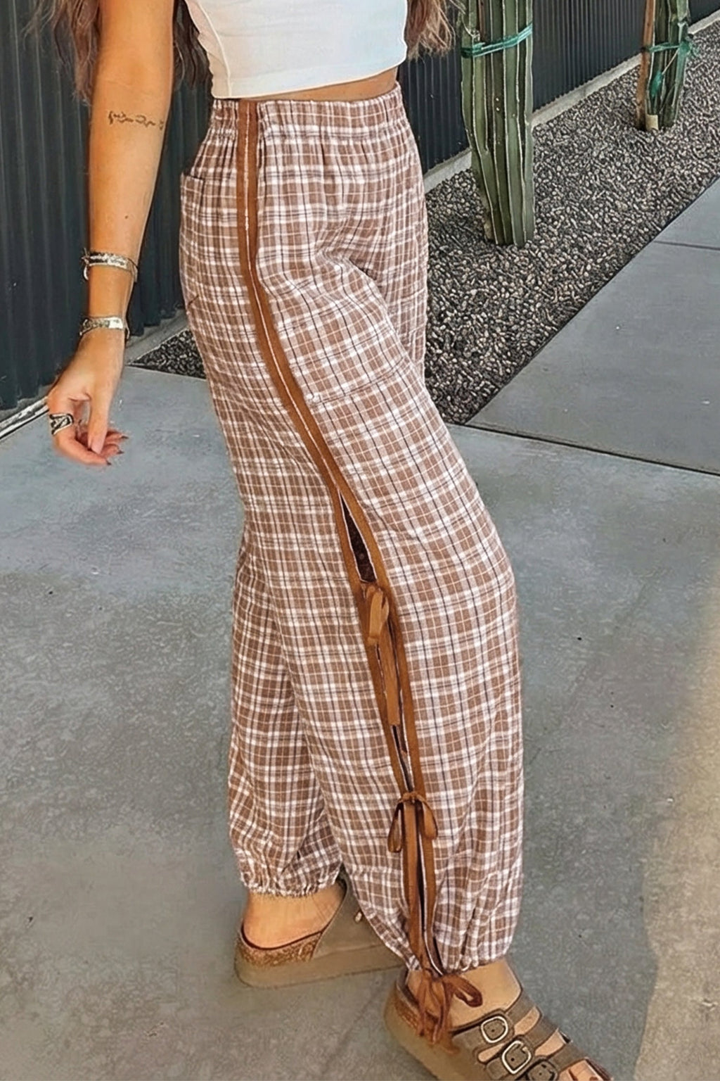 Plaid Bow Tie Contrast Elastic Waist Jogger Pants
