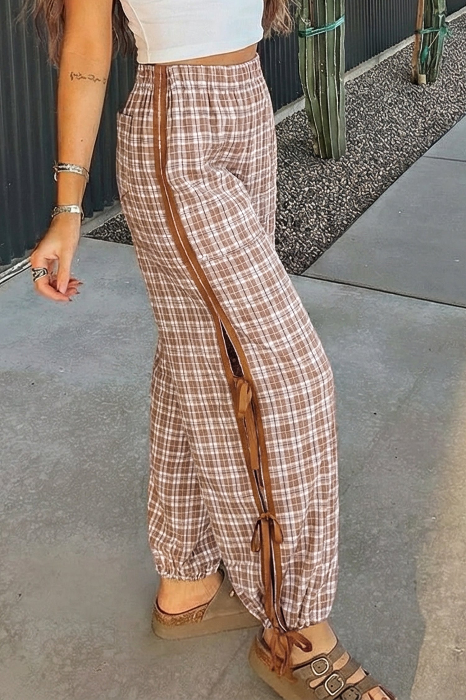 Plaid Bow Tie Contrast Elastic Waist Jogger Pants