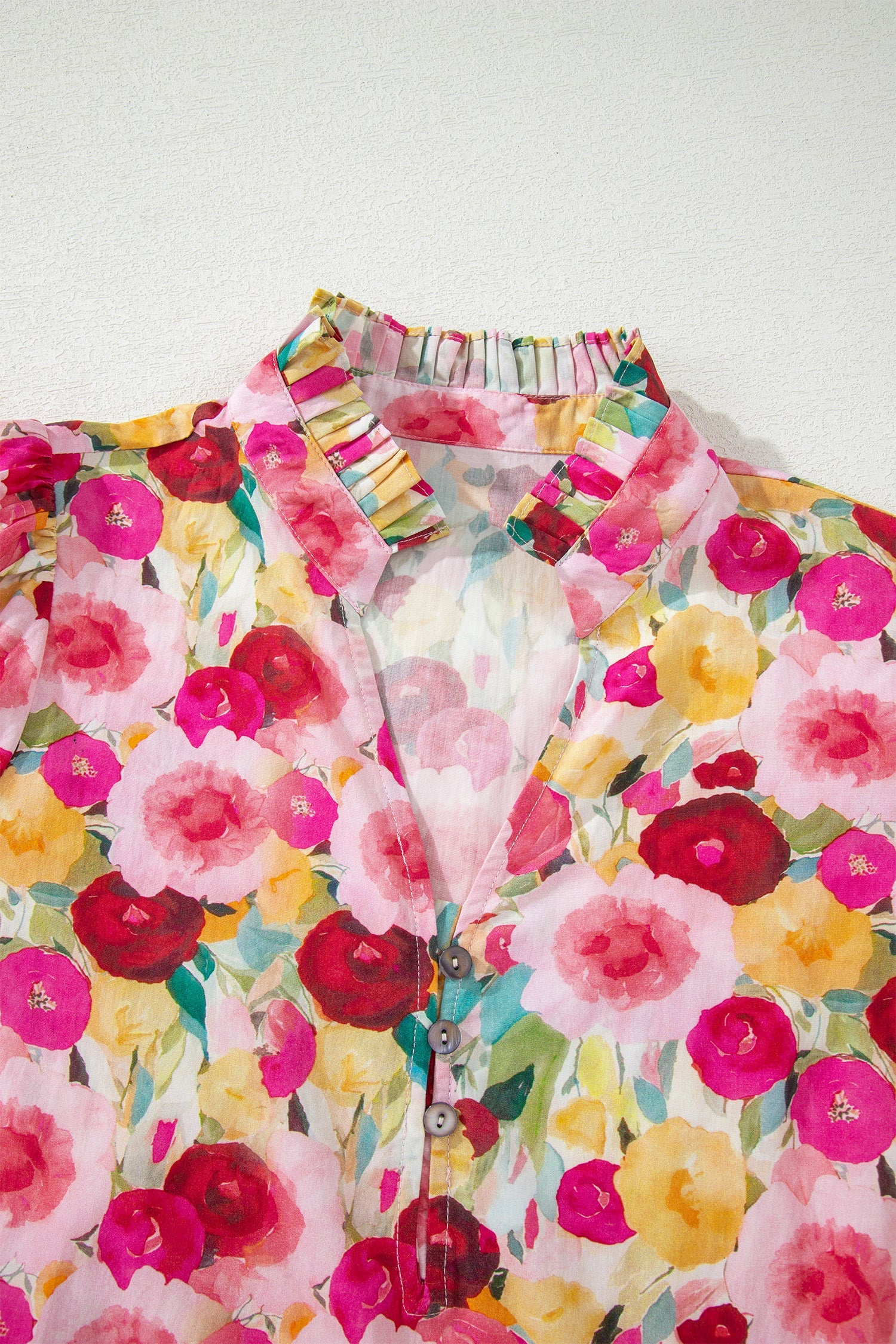 Floral Frilled V-Neck Short Puff Sleeve Blouse