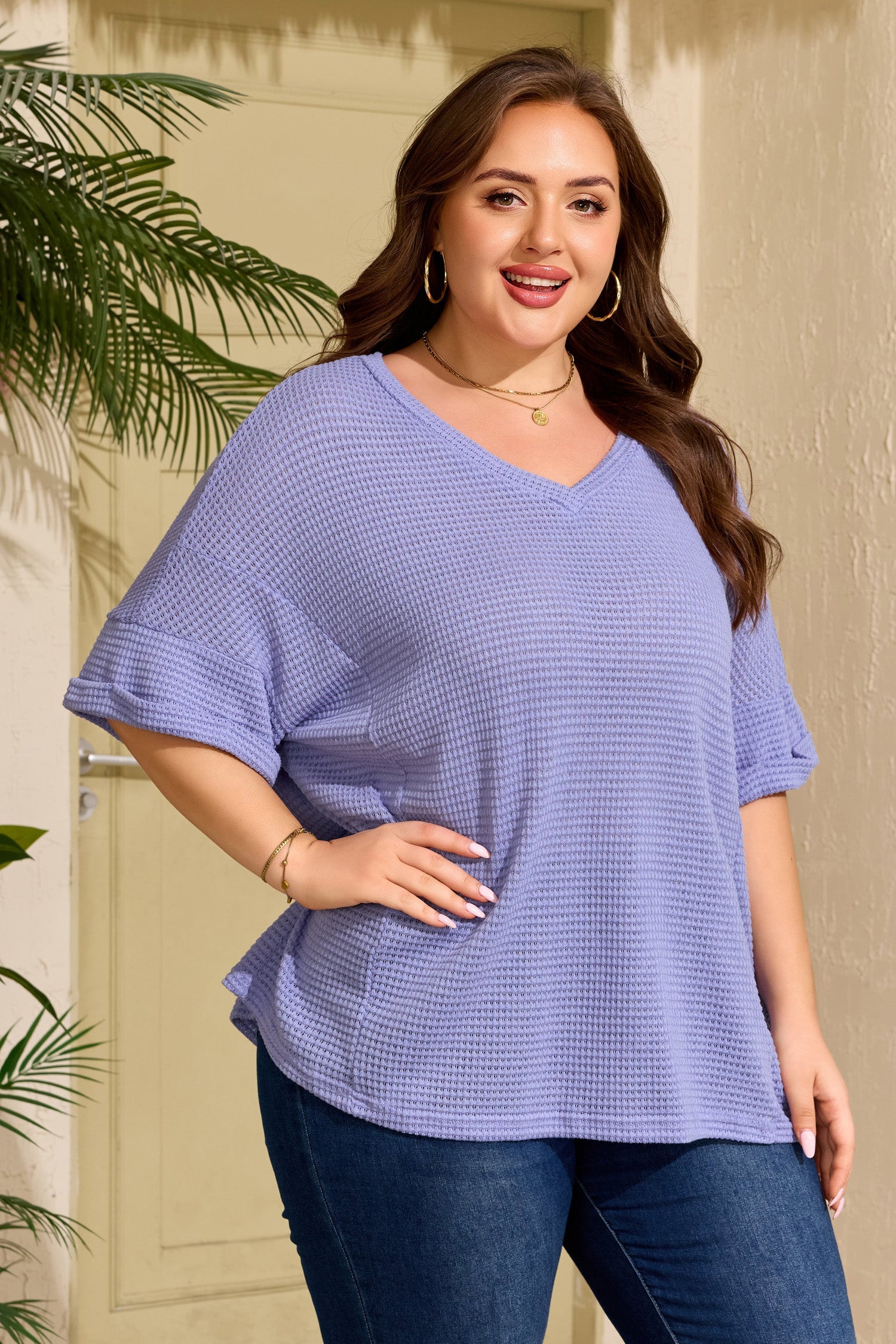 Plus Size Solid Waffle Knit V-Neck Short Sleeve Top