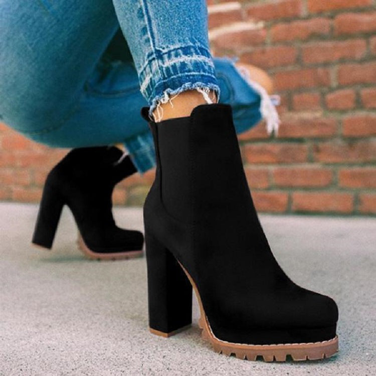 Women's Round-Toe Ankle Boots | Suede Leopard Print Square Thick High Heel by Sarah Express