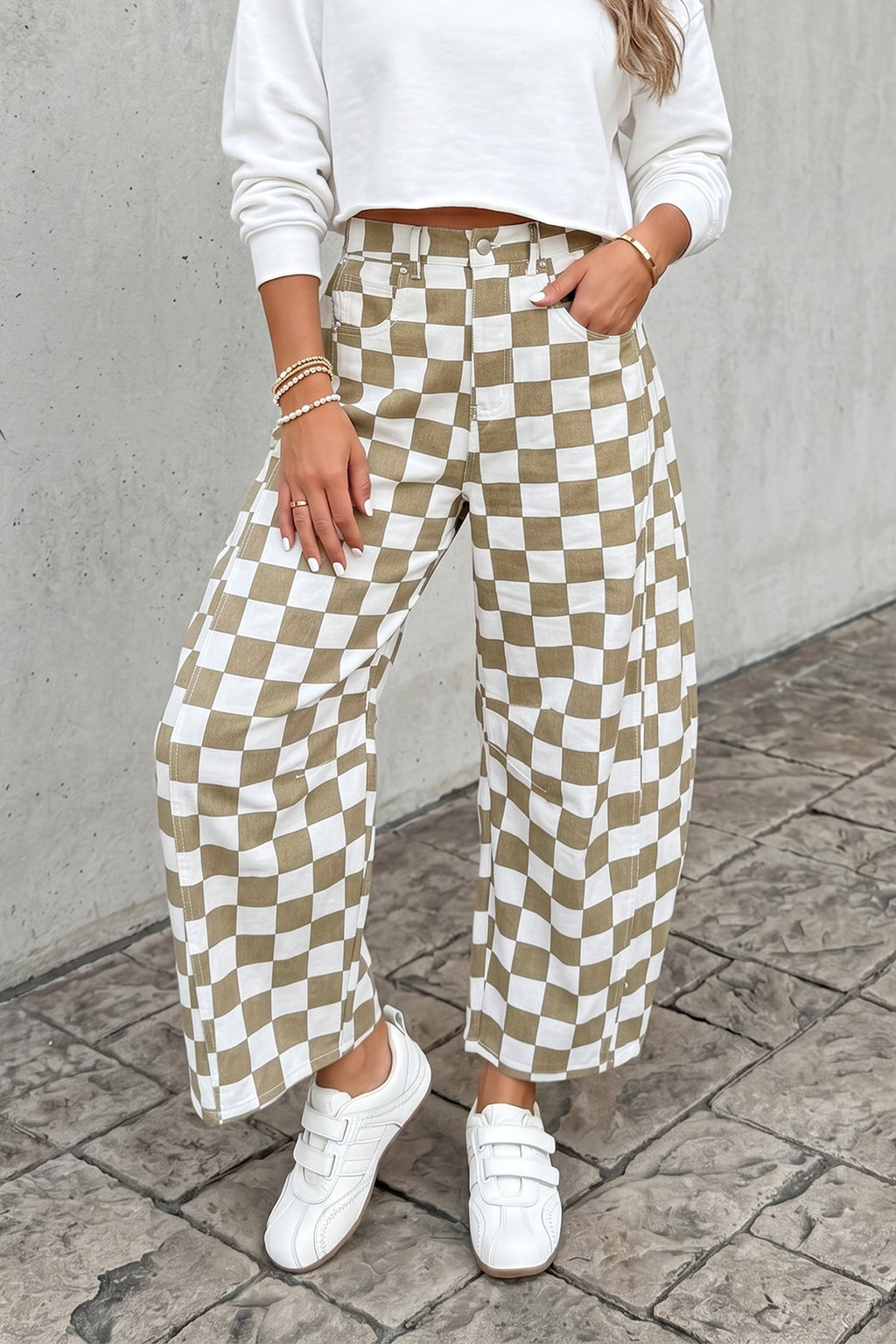 Checker Denim Barrel Leg Pants