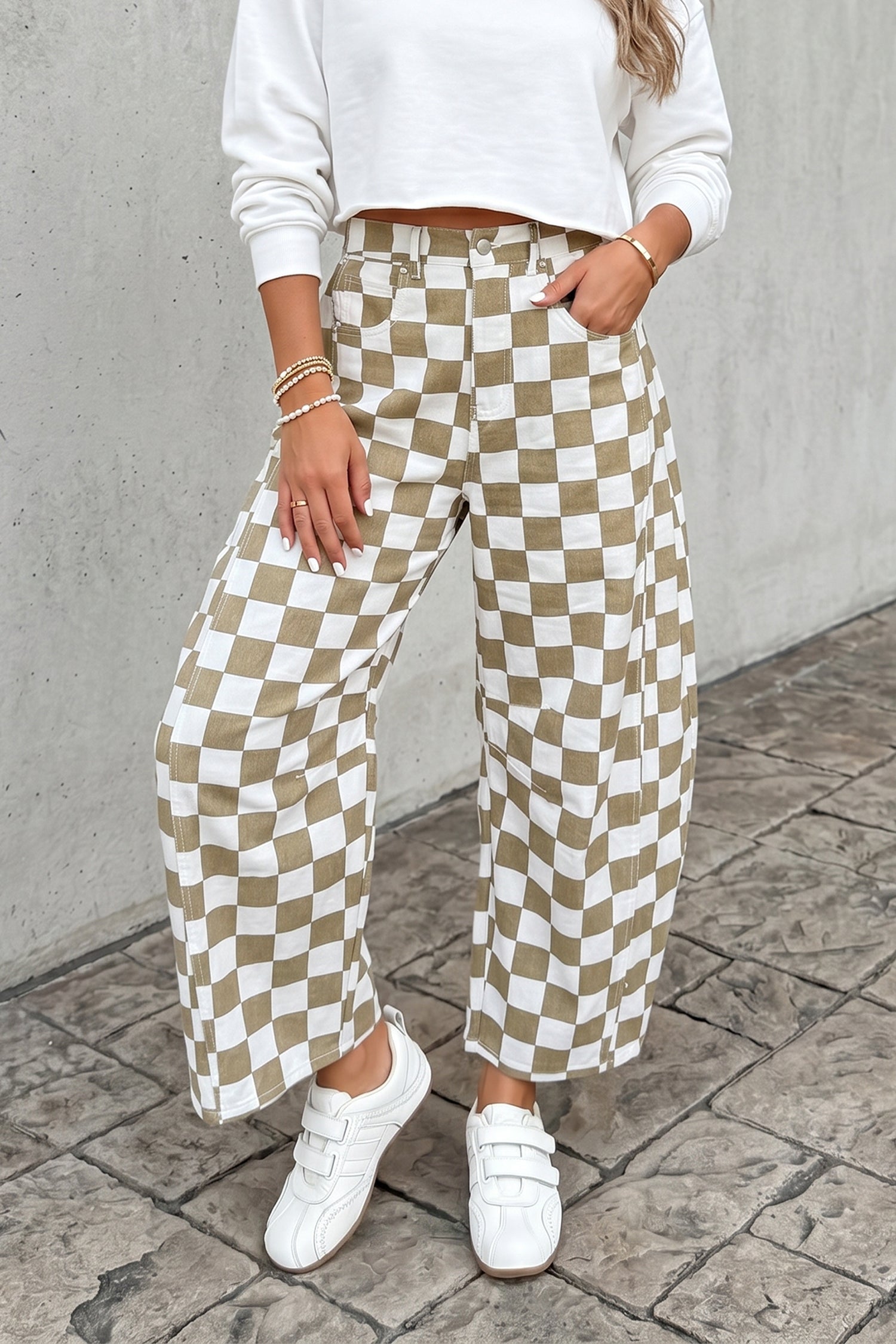 Checker Denim Barrel Leg Pants