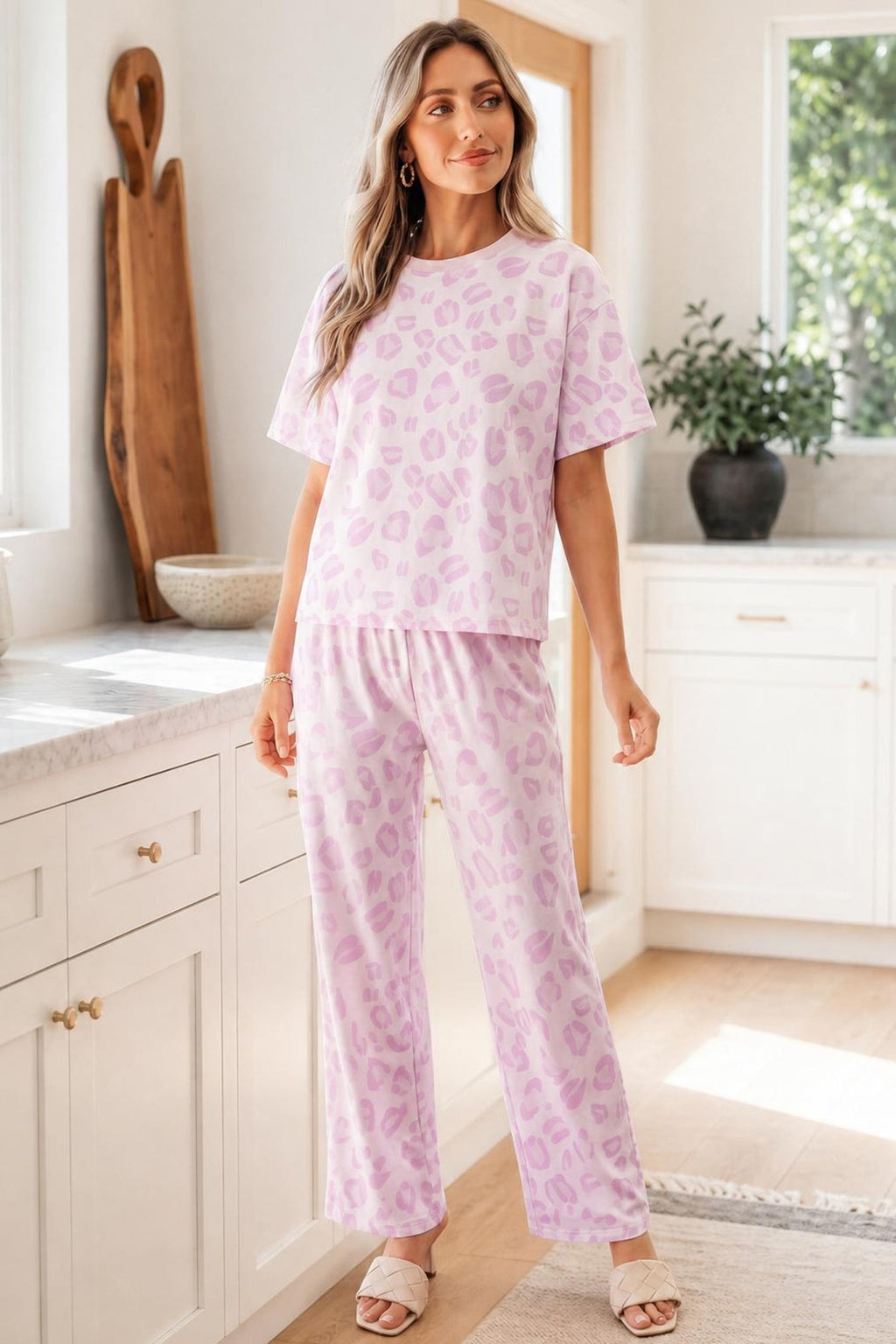 Leopard Short Sleeve Top and Pants Set