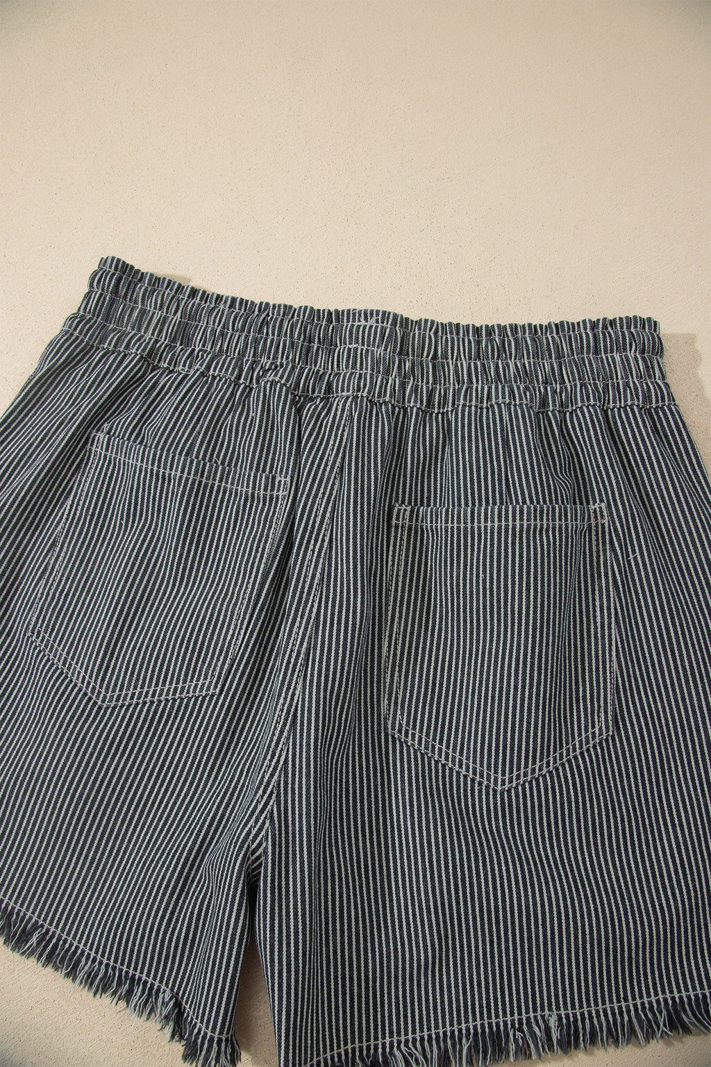 Stripe Denim Raw Edge Drawstring Waist Shorts