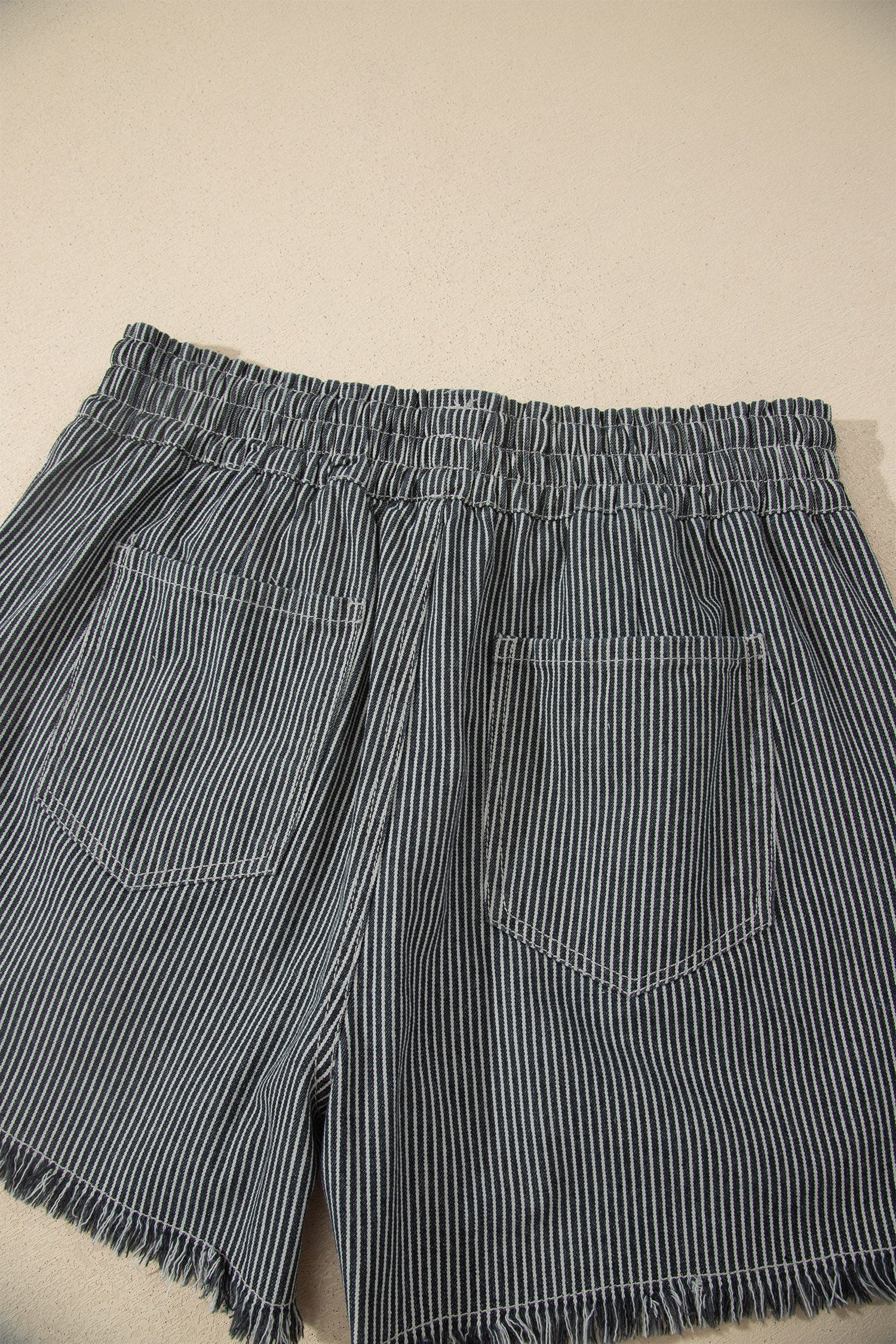 Stripe Denim Raw Edge Drawstring Waist Shorts