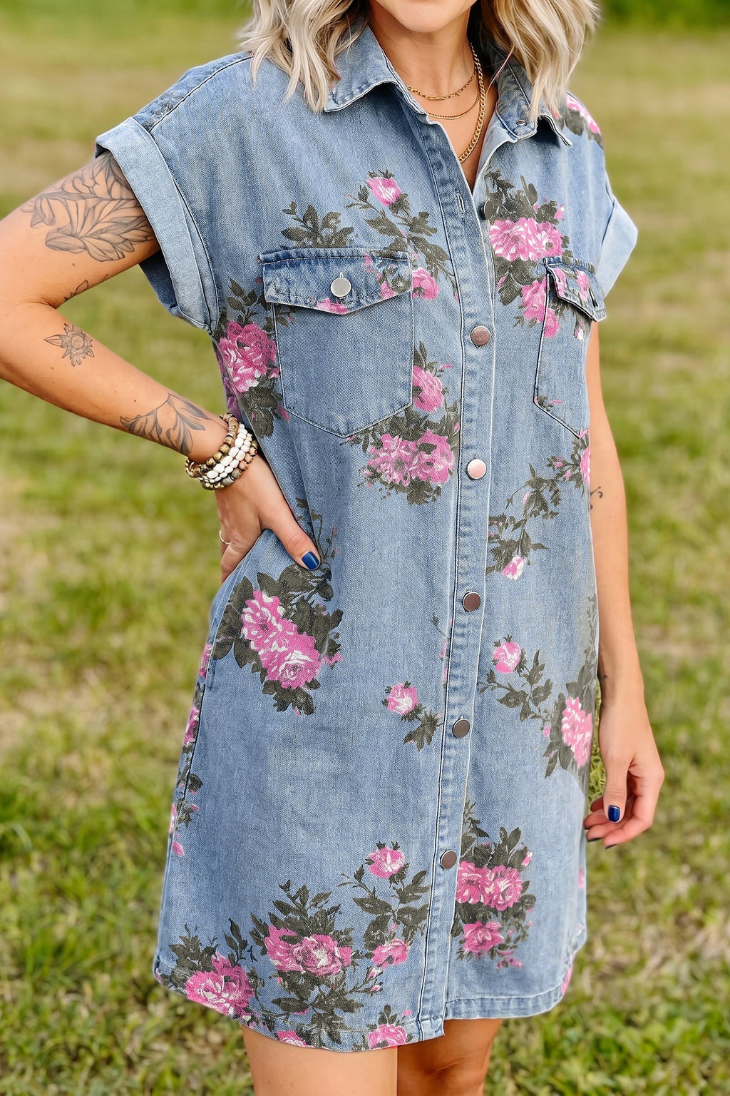 Floral Denim Cuffed Short Sleeve Buttoned Dress