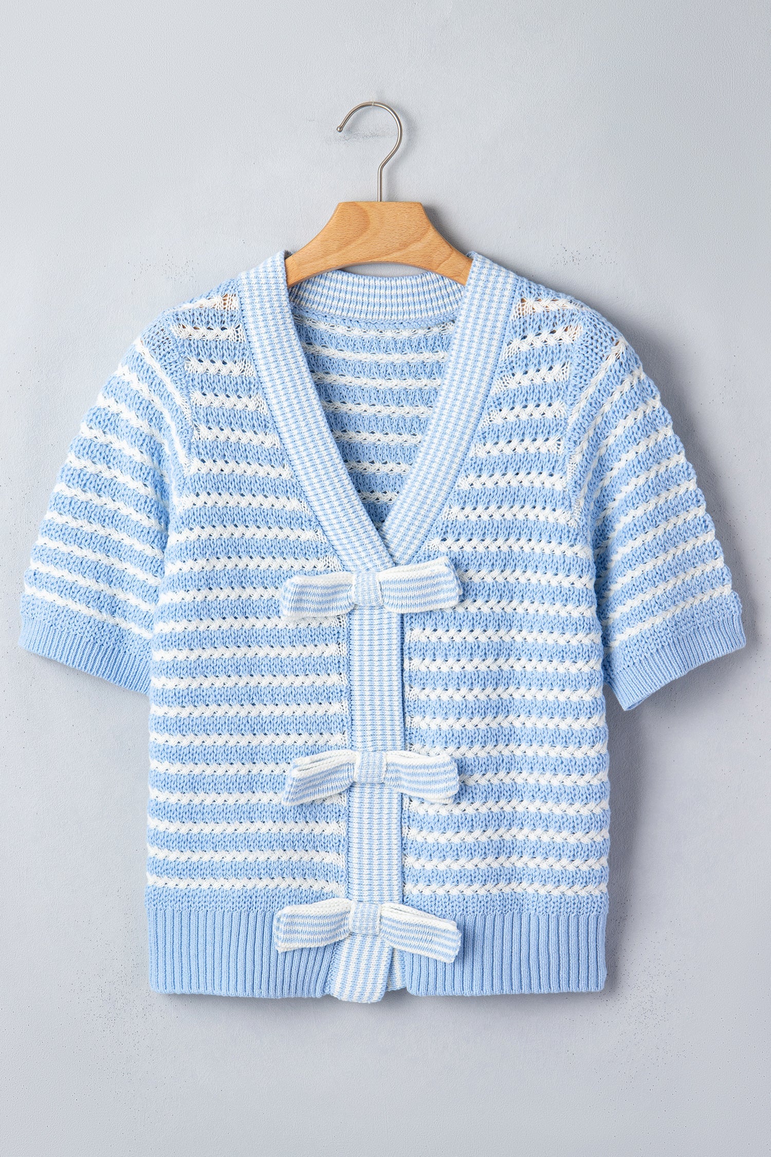 Stripe Bow Tie V-Neck Short Sleeve Sweater