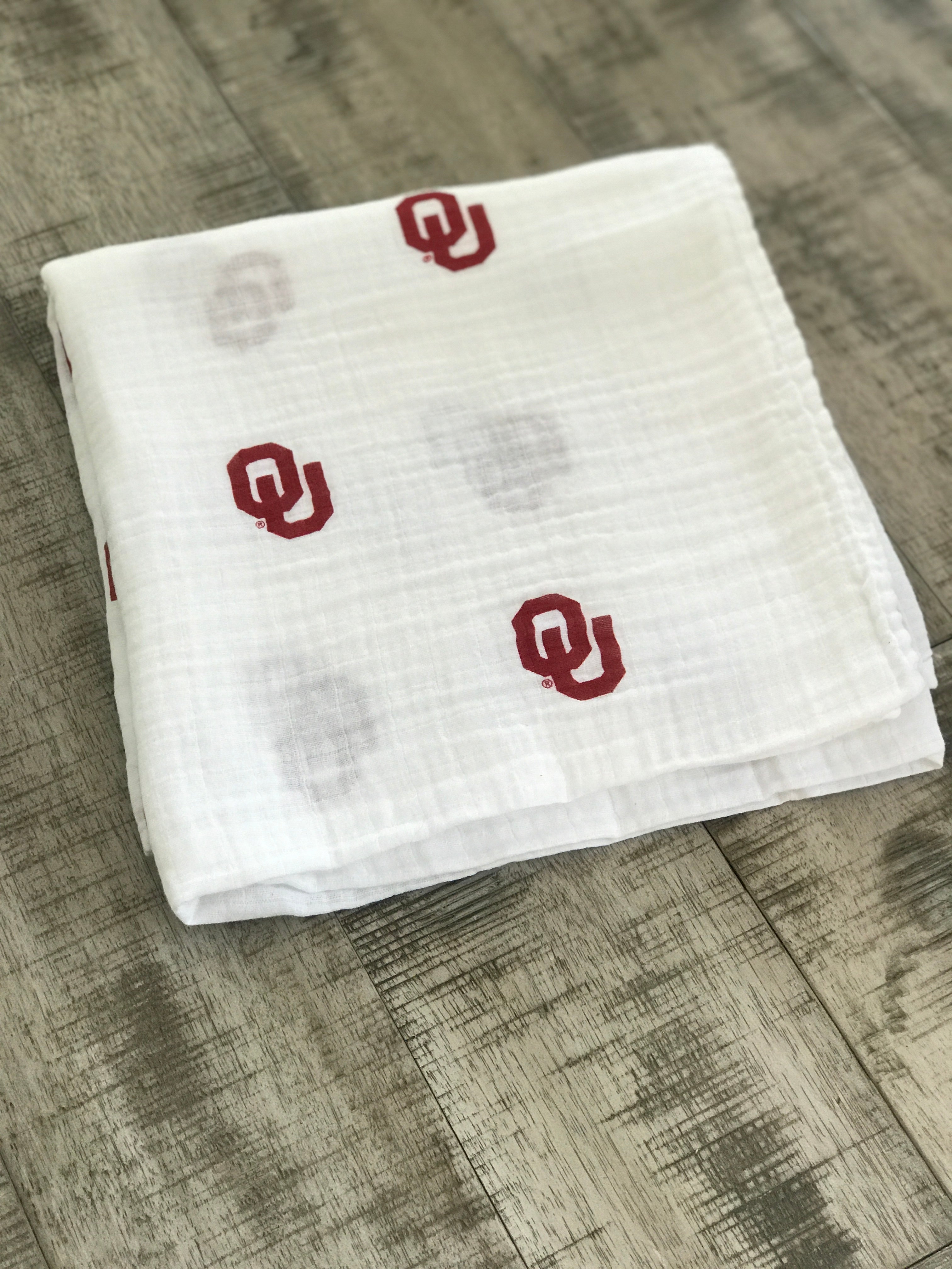 University of Oklahoma Muslin Swaddle Blanket - OU Sooners Baby Swaddle 47x47 by Three Little Anchors