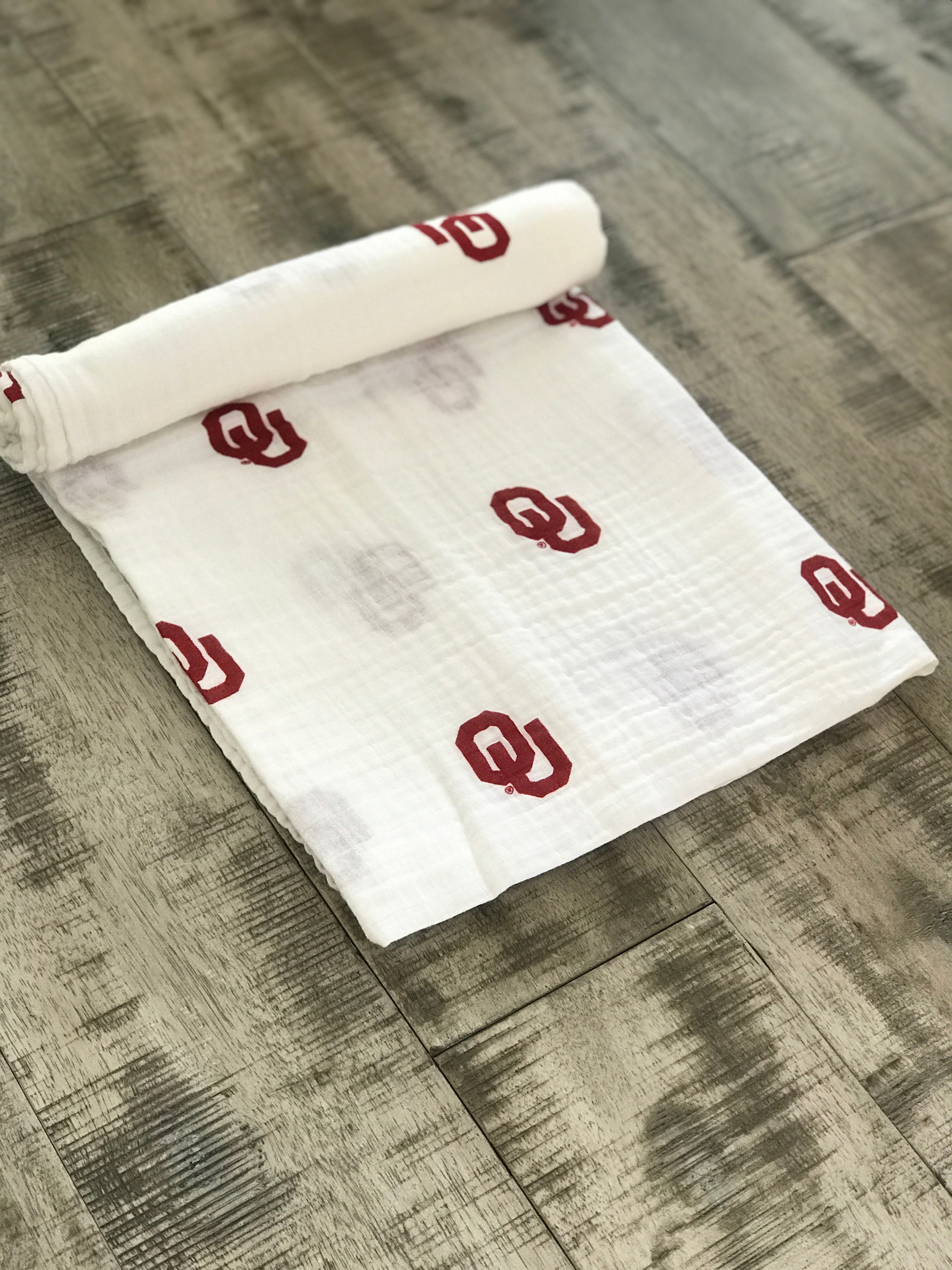 University of Oklahoma Muslin Swaddle Blanket - OU Sooners Baby Swaddle 47x47 by Three Little Anchors