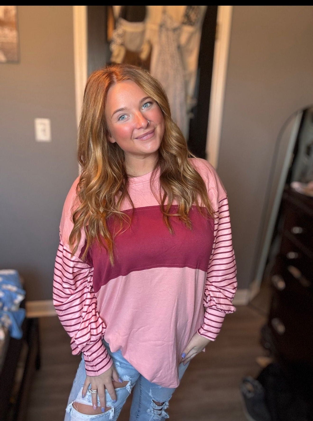 Multicolor Clashing Stripe Bishop Sleeve Top by Thread & Co. Boutique, LLC