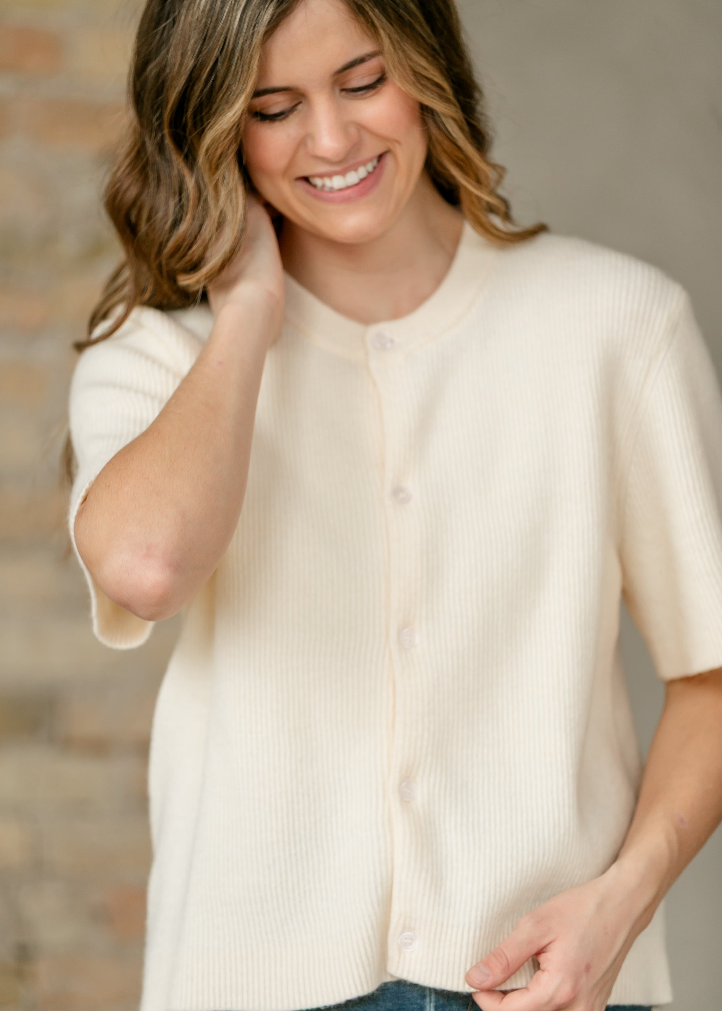 Zadie Ivory Short Sleeeve Button Cardigan by Inherit Co.
