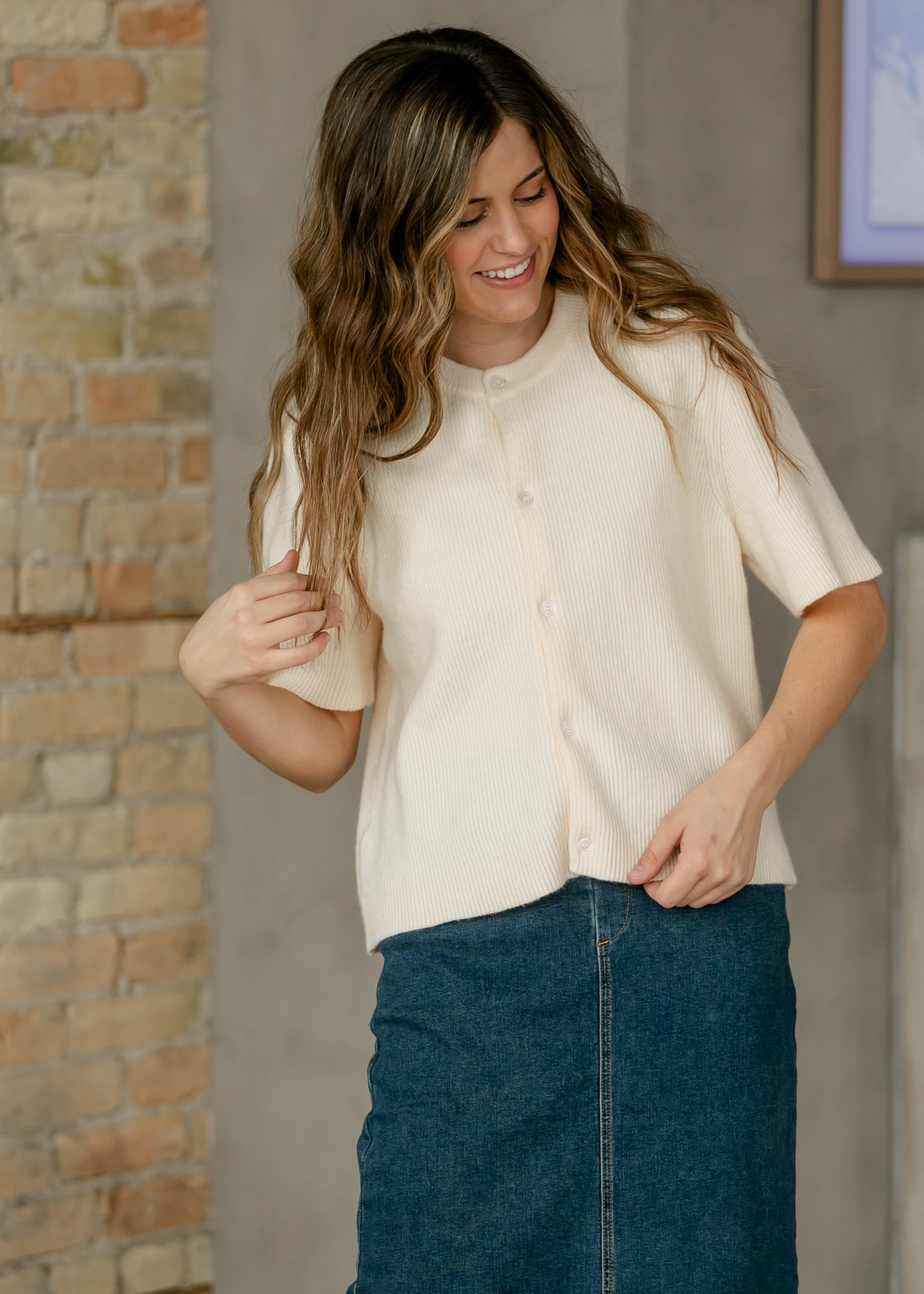 Zadie Ivory Short Sleeeve Button Cardigan by Inherit Co.