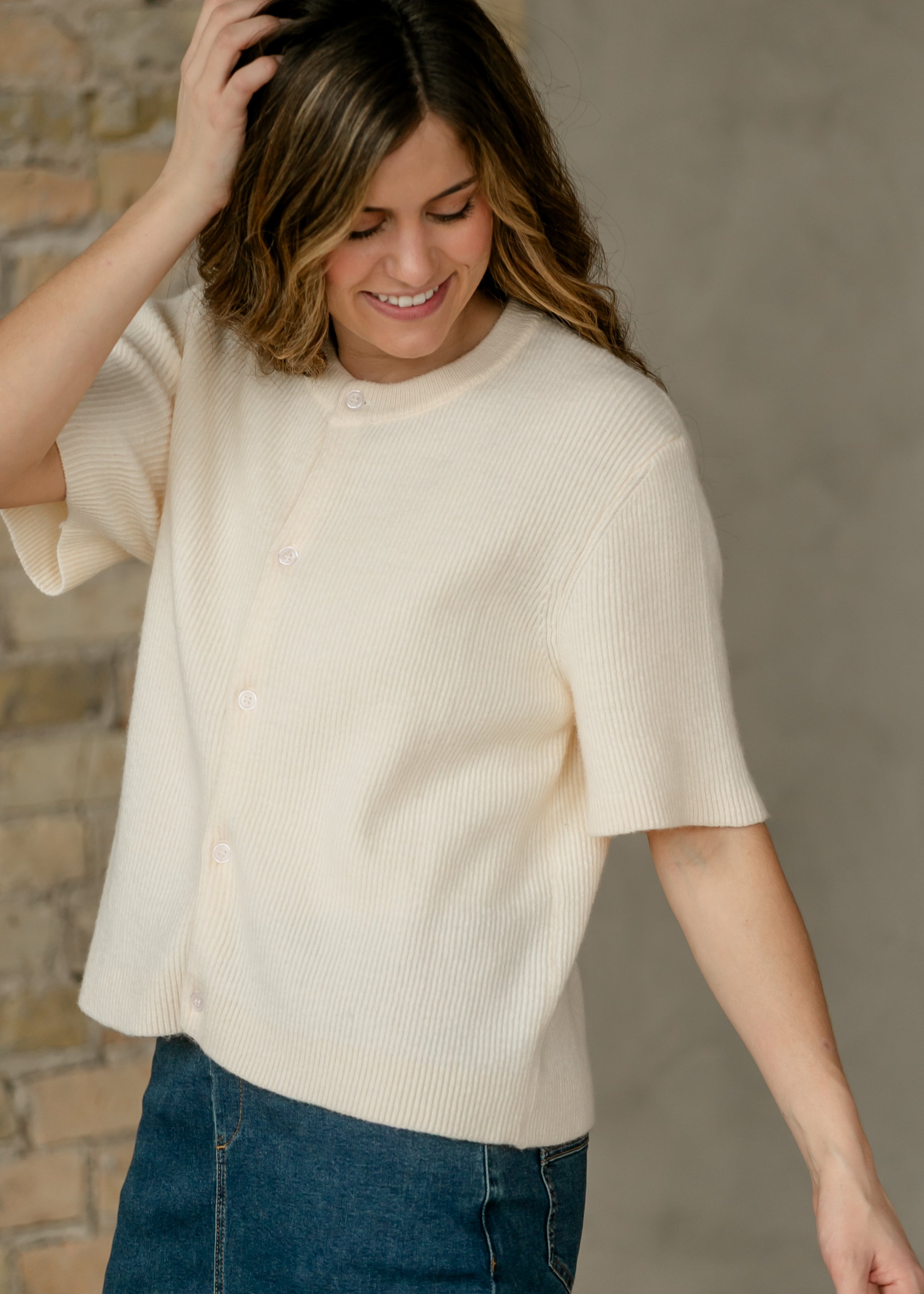 Zadie Ivory Short Sleeeve Button Cardigan by Inherit Co.