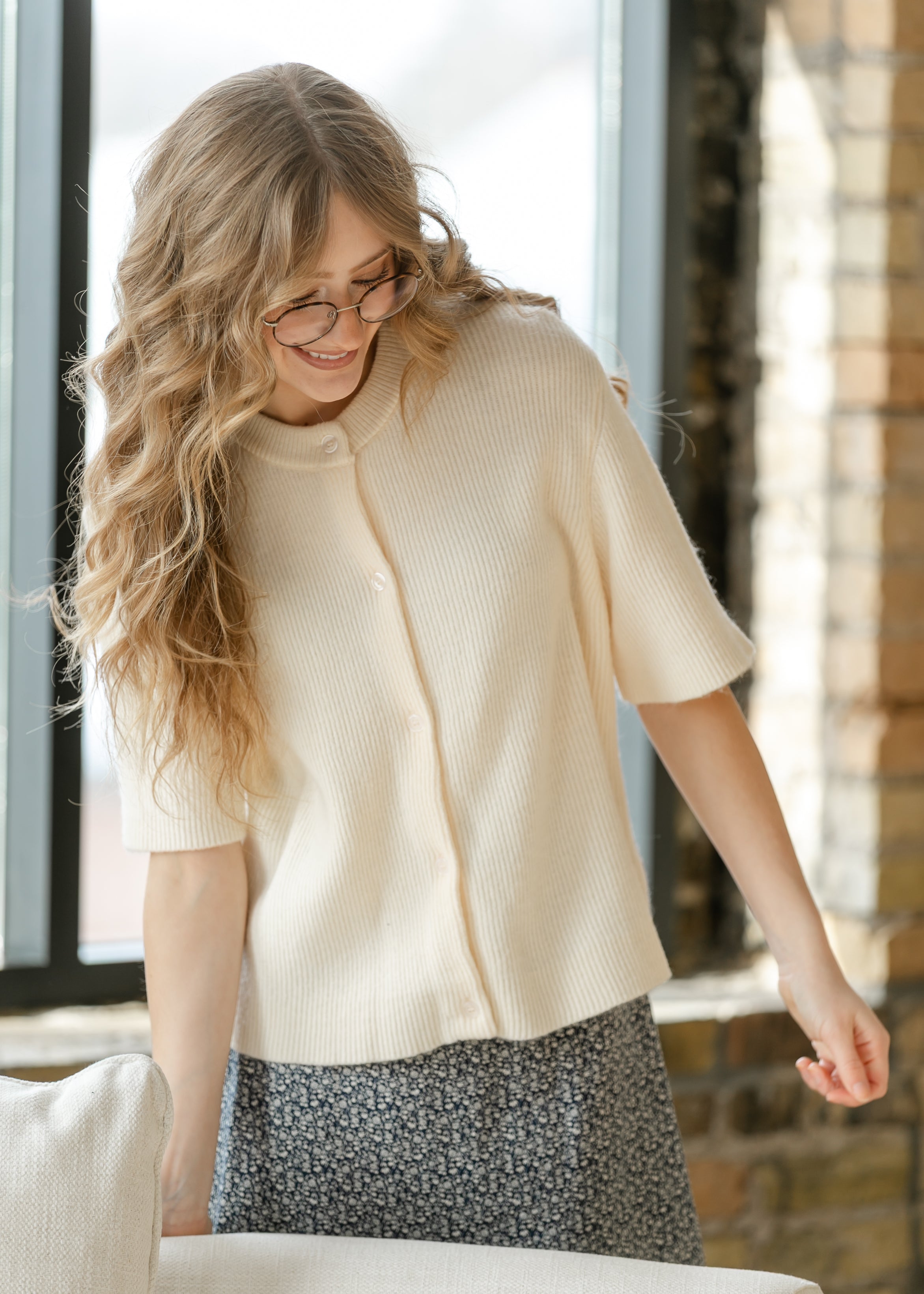 Zadie Ivory Short Sleeeve Button Cardigan by Inherit Co.