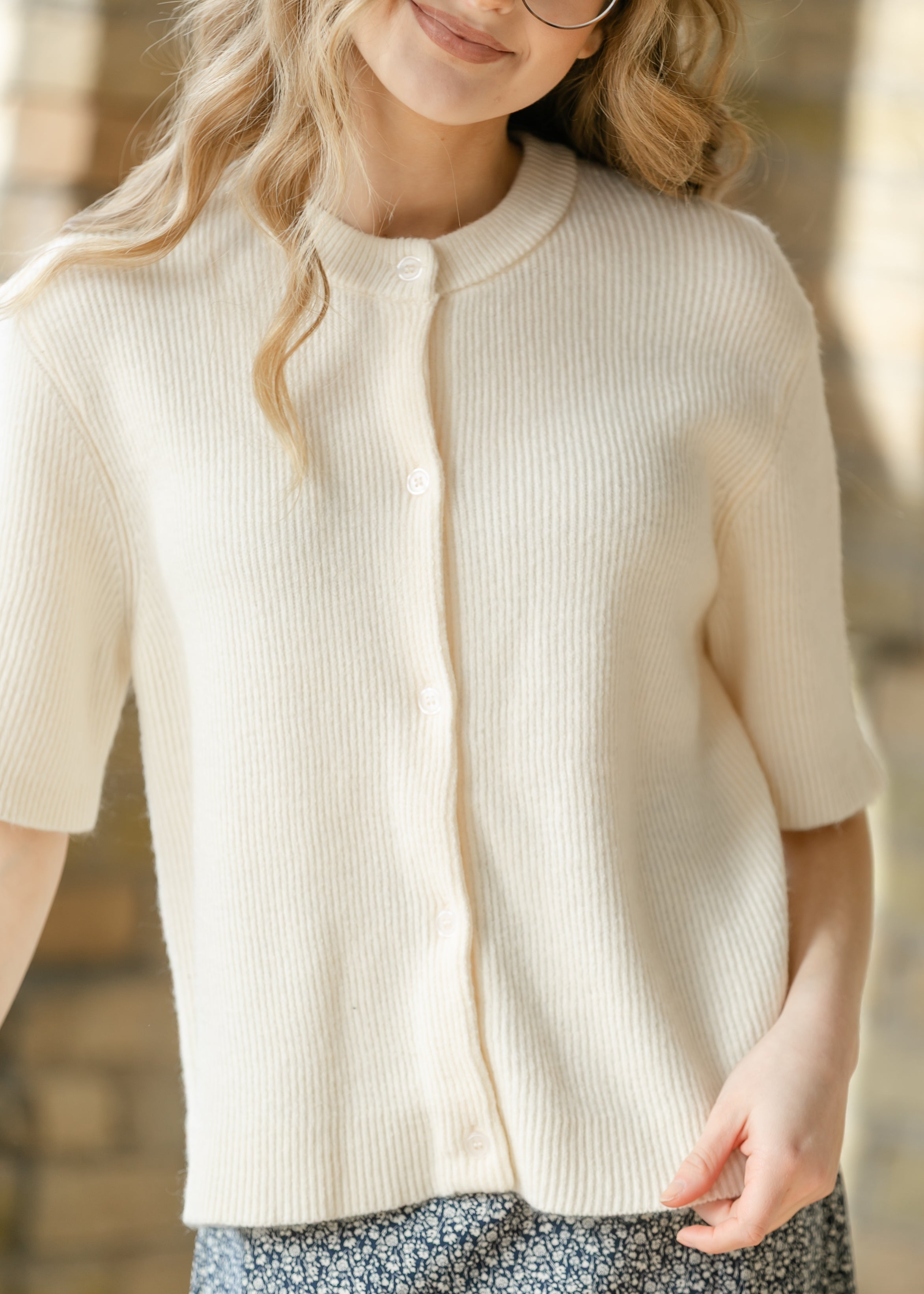 Zadie Ivory Short Sleeeve Button Cardigan by Inherit Co.